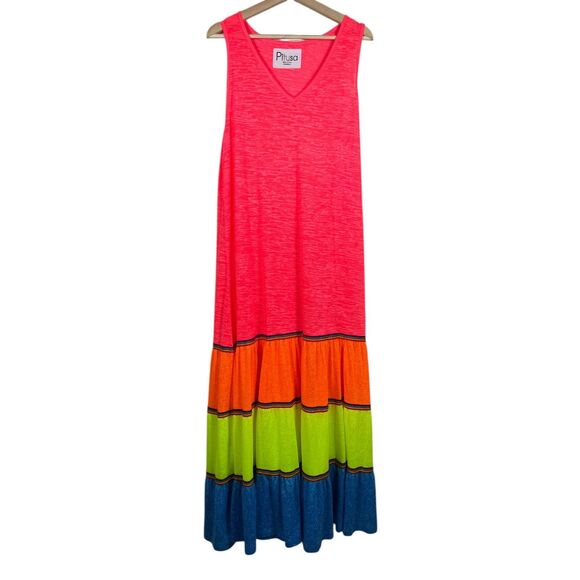 Pitusa Rainbow Maxi Dress Cover Up Womens Standard Neon Bright Tiered Beach - Picture 1 of 8